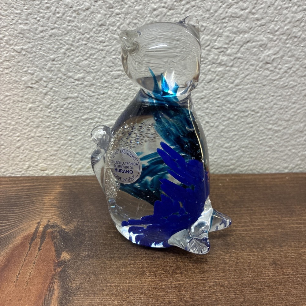 Murano Style Blown Glass Cat Clear Blue Silver Flake 5" Made in Italy